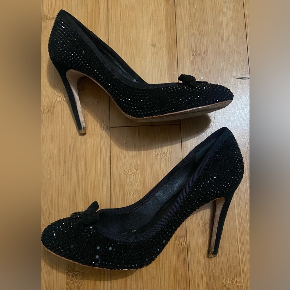 Tory Burch Phoenix Black Suede Crystal Embellished Round toe Pumps